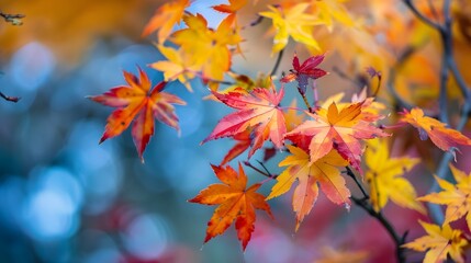 Abstract autumn nature background, with leaves, glowing sun and warm seasonal colors