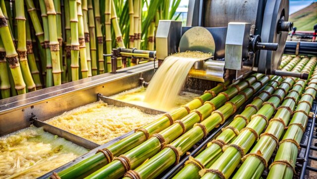 Sugarcane Processing Machine with Fresh Stalks, Agriculture, Industry, Food Production, Sugarcane Juice