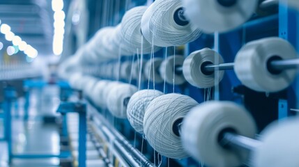 Textile industry scene yarn spools on a spinning machine in a textile factory