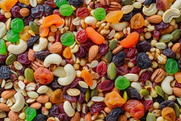 colorful dried fruits, assorted nuts and seeds background. mixed raw food for snacking, top view