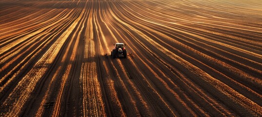 Obraz premium Aerial View of Tractor Plowing Large Field with Perfectly Straight Furrows at Sunset for Agricultural Design