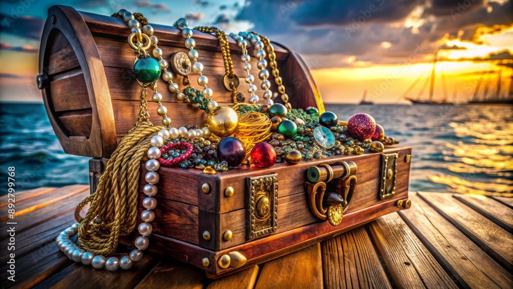 Wall mural treasure chest at sunset on the sea, wooden chest, jewelry, pirate, sea