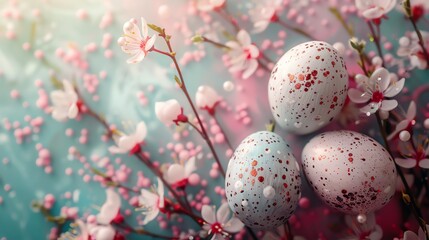 Fototapeta premium 13 A pastel background with a beautifully decorated vintage Easter egg on the right side