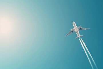 Fototapeta premium Commercial airplane with white trail on blue sky background with copy space. Travel concept