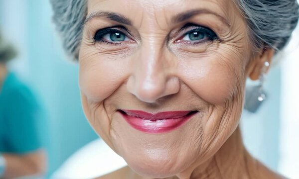 A woman with gray hair and makeup is smiling. She is surrounded by other people, but the focus is on her