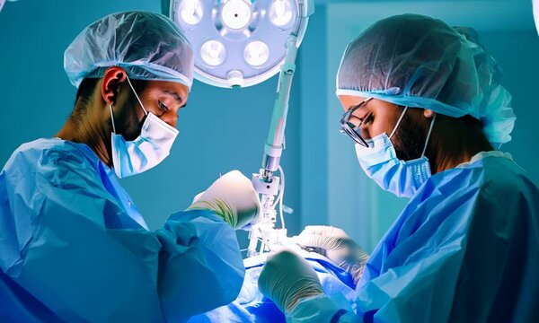 Two surgeons are performing surgery on a patient. The scene is tense and serious, as the surgeons are focused on their task