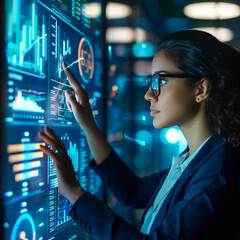 a girl corporate attire depicting business statistics and graphics with a futuristic concept,  woman works on computer, backround digital hologram