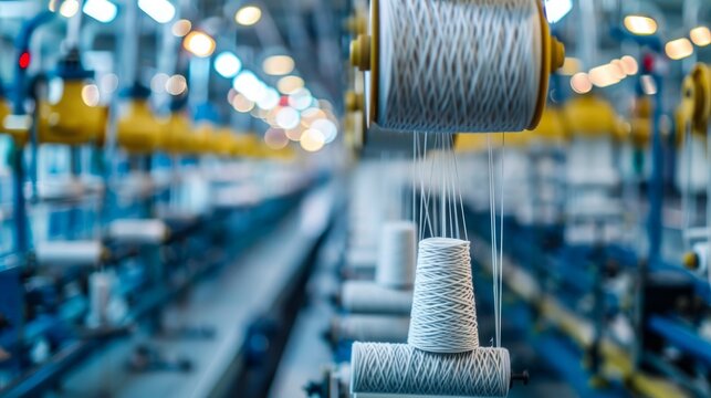 Textile manufacturing depicting circular knitted fabric Spinning production line in a textile factory with rotating machinery Focus on clothing industry and textile fabric manufacturing