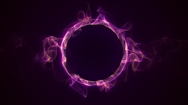Looped screensaver with abstract magic ring made of smooth fire tongues floating on a dark purple background. Elegant ethereal shape animation with empty space for logo. Seamless vj loop , 4K 60fps