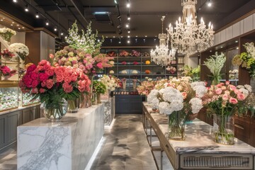Fototapeta premium Elegant Flower Shop Interior with Marble Countertops and Stunning Floral Arrangements for Sophisticated Decor