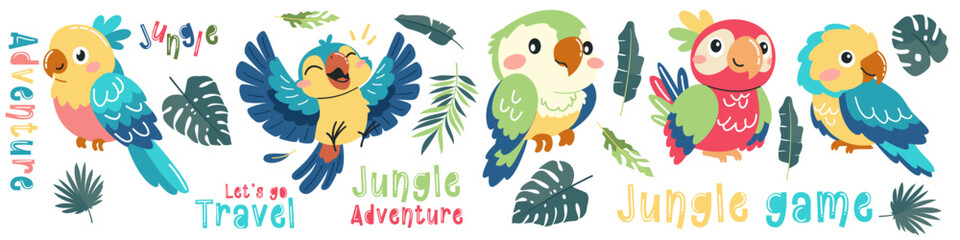 Set of vector illustrations in children's style. Cute cartoon parrots in different poses and tropical leaves, lettering. Vector illustration