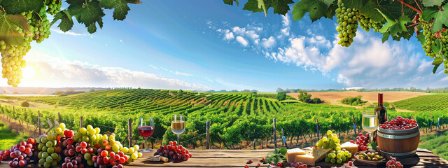 A panoramic banner featuring an outdoor vineyard with wine glasses