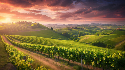 Naklejka premium The lush green vineyards of the hills near Turin Italy