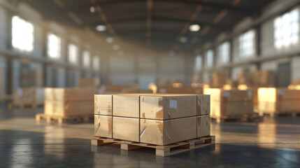 cardboard boxes stacked on pallets in an empty warehouse