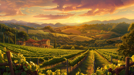 Naklejka premium A picturesque view of the Italian hillsides covered in vineyards