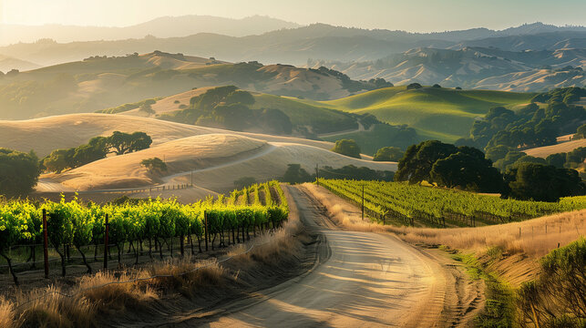 A picturesque view of the rolling hills and vineyard