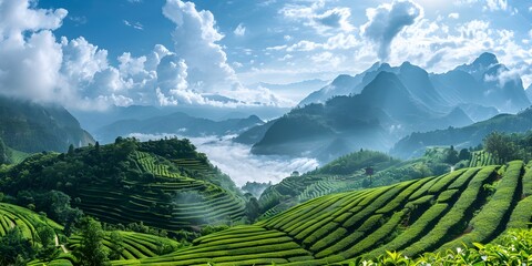 Beautiful tea garden landscape in Guangxi Province with fluffy white clouds