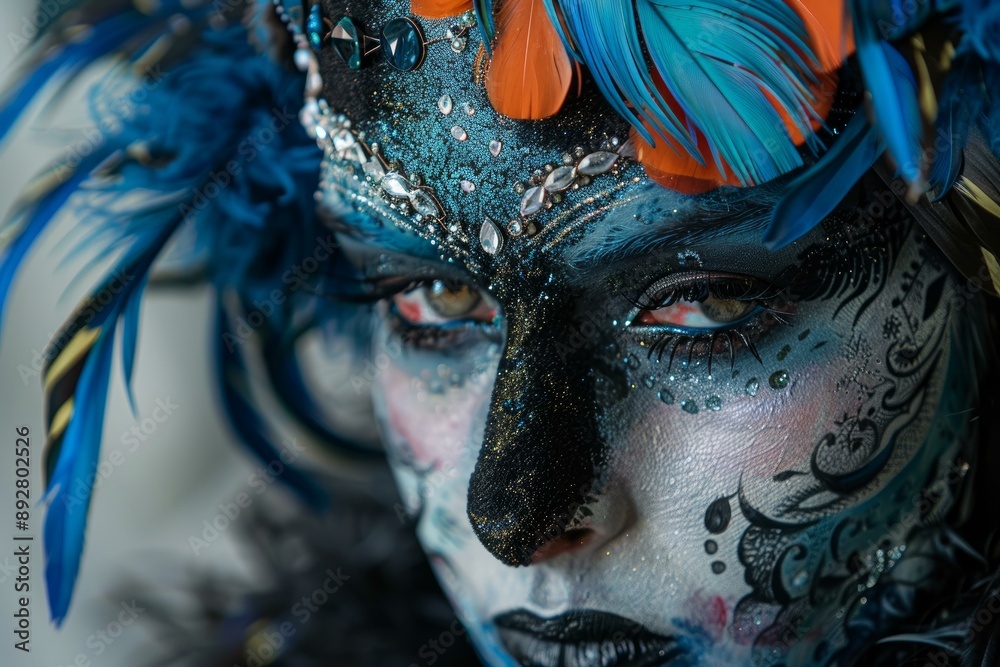 Sticker closeup of a person with intricate blue and black face paint and a vibrant feather headdress