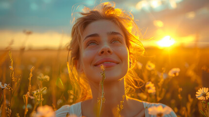 Joyful woman appreciating nature in a sunny flower field at sunset, feeling happiness and freedom, beauty in nature, mental well-being, outdoor lifestyle