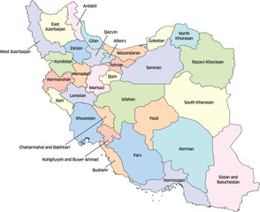 Colorful editable vector political map of Iran, showing its various provinces. Each province is distinctly colored and labeled with its name. 