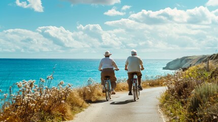 Overweight Couple Biking Along Scenic Coastal Path on Sunny Day, Enjoying Fresh Air and Ocean Views