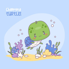 Cute charming turtle. Underwater world with cartoon kawaii character animal. Vector illustration.