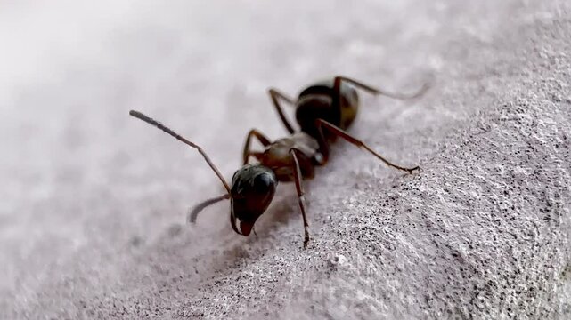 Macro Shot of Ant on Rough Surface with Detailed Close-Up of Insect Anatomy and Textured Background