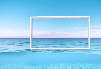 Obraz premium A large white square frame partially submerged in calm, turquoise tropical water, with a clear blue sky and soft clouds in the background