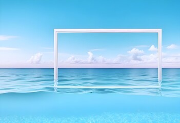 Obraz premium A large white square frame partially submerged in calm, turquoise tropical water, with a clear blue sky and soft clouds in the background