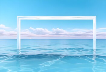 Obraz premium A large white square frame partially submerged in calm, turquoise tropical water, with a clear blue sky and soft clouds in the background