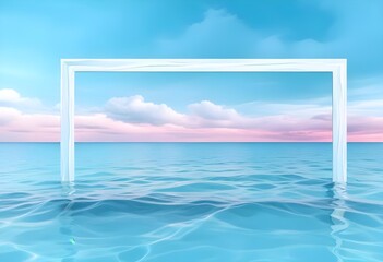 Obraz premium A large white square frame partially submerged in calm, turquoise tropical water, with a clear blue sky and soft clouds in the background