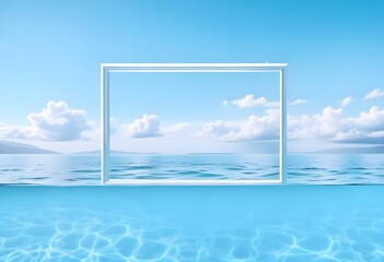 Obraz premium A large white square frame partially submerged in calm, turquoise tropical water, with a clear blue sky and soft clouds in the background