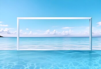 Fototapeta premium A large white square frame partially submerged in calm, turquoise tropical water, with a clear blue sky and soft clouds in the background