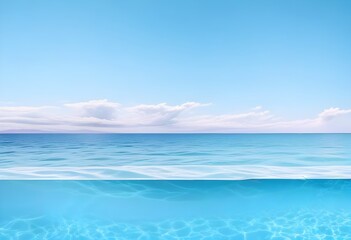 Fototapeta premium A large white square frame partially submerged in calm, turquoise water, surrounded by lush green palm trees on the shore, a clear blue sky and fluffy clouds above, morning light enhancing the scene.