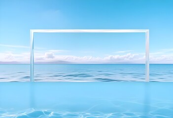 A large white square frame partially submerged in calm, turquoise water, surrounded by lush green palm trees on the shore, a clear blue sky and fluffy clouds above, morning light enhancing the scene.