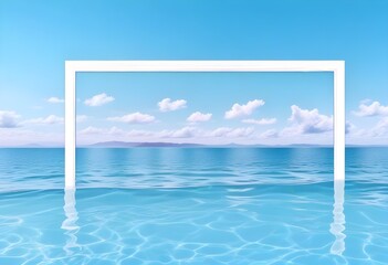 Obraz premium A large white square frame partially submerged in calm, turquoise water, surrounded by lush green palm trees on the shore, a clear blue sky and fluffy clouds above, morning light enhancing the scene.