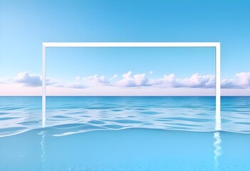 A large white square frame partially submerged in calm, turquoise water, surrounded by lush green palm trees on the shore, a clear blue sky and fluffy clouds above, morning light enhancing the scene.