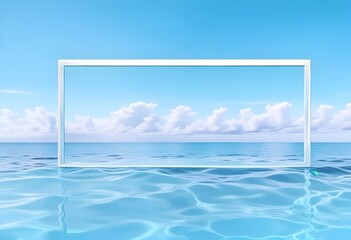 Fototapeta premium A large white square frame partially submerged in calm, turquoise water, surrounded by lush green palm trees on the shore, a clear blue sky and fluffy clouds above, morning light enhancing the scene.