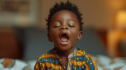 little tired black cute boy in Sleeping suit waking up in the moring. Waking up before school. Waking up before Kindergarden.