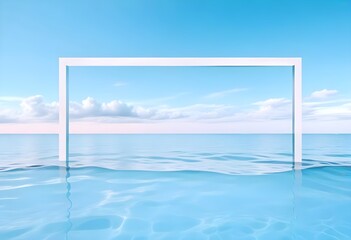 Fototapeta premium A large white square frame partially submerged in calm, turquoise water, surrounded by lush green palm trees on the shore, a clear blue sky and fluffy clouds above, morning light enhancing the scene.