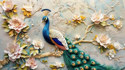 Beautiful peacock 3d relief wallpaper. Mural wallpaper. Wall art.