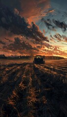 Sunset Over a Rotary Tilled Field: Dramatic Evening Farming Landscape for Print and Poster Designs