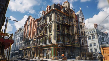 Fototapeta premium Historic Building Renovation in Bustling City Center Showcasing Blend of Past and Present Construction Techniques