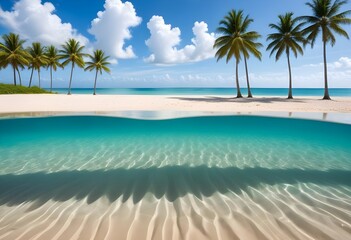 Fototapeta premium A large white square frame partially submerged in calm, turquoise water, surrounded by lush green palm trees on the shore, a clear blue sky and fluffy clouds above, morning light enhancing the scene.