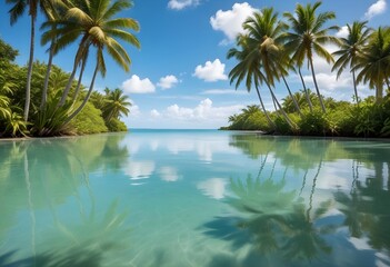 Obraz premium A large white square frame partially submerged in calm, turquoise water, surrounded by lush green palm trees on the shore, a clear blue sky and fluffy clouds above, morning light enhancing the scene.