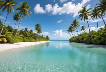 A large white square frame partially submerged in calm, turquoise water, surrounded by lush green palm trees on the shore, a clear blue sky and fluffy clouds above, morning light enhancing the scene.