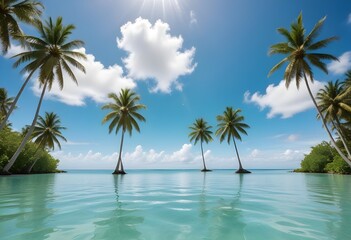 A large white square frame partially submerged in calm, turquoise water, surrounded by lush green palm trees on the shore, a clear blue sky and fluffy clouds above, morning light enhancing the scene.