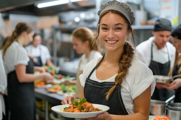 Enthusiastic young chef in a bustling kitchen. A cheerful young chef holding a freshly prepared dish, showcasing culinary skills and teamwork in a professional kitchen. Ideal for culinary