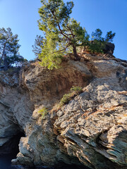 a large cave on the seashore is washed by water