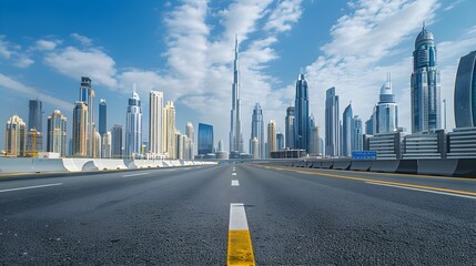 Downtown cityscape with road and tall buildings in the background